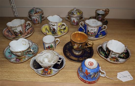 A group of Dresden cup saucers and covers, a Russian tea cup and other Continental porcelain cups